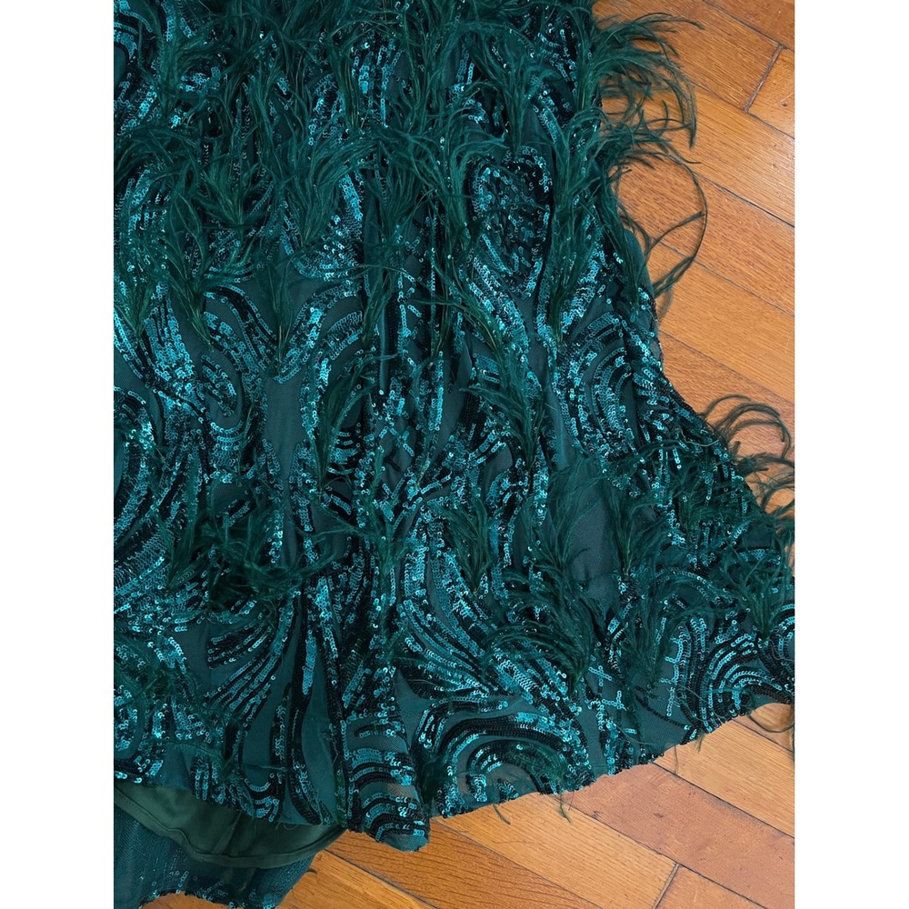 Jovani Emerald Green Sequin Feather Trim Mermaid Evening Gown Dress 6 - Picture 3 of 10